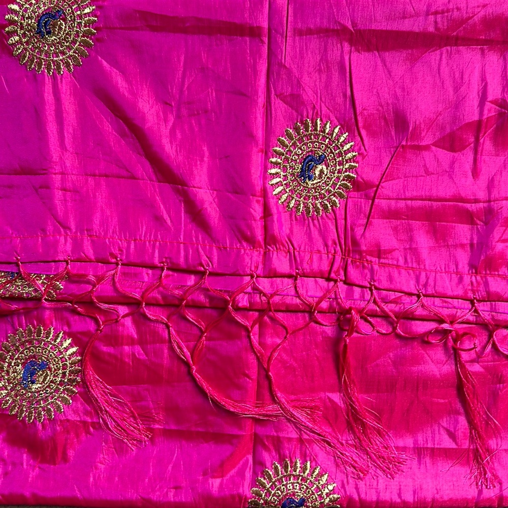 Pink saree with embroidery and tassels